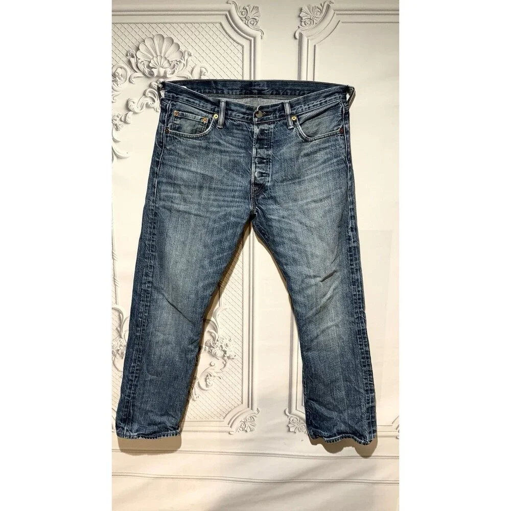 Levis Jeans Mens 34x30 Blue Whiskering Denim Cotton Straight Leg